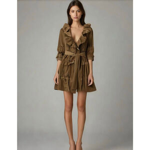 Ryu Women's Ruffled Mini Tiered Dress Size Small Brown 3/4 Sleeves Belted V-Neck